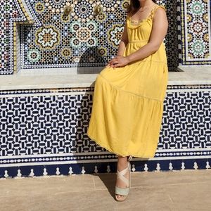 Midi swing dress with embroidered neckline